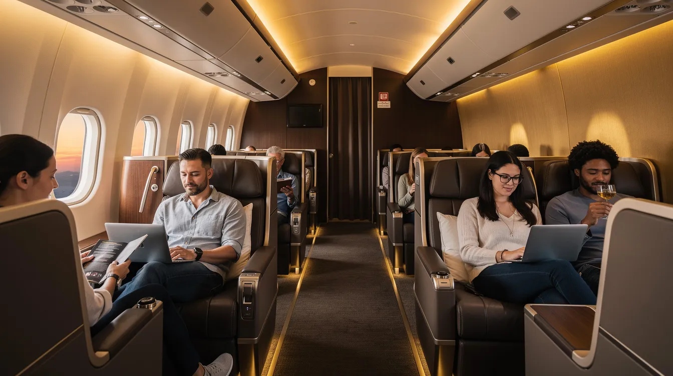 In einem modernen Flugzeug in der First Class sitzen mehrere Menschen auf komfortablen, ledernen Sitzen, umgeben von gedämpftem Licht, das eine entspannte Atmosphäre schafft. Die Szene erinnert an die luxuriösen Reisen, wie sie in Filmen wie "Inception" von Christopher Nolan dargestellt werden.