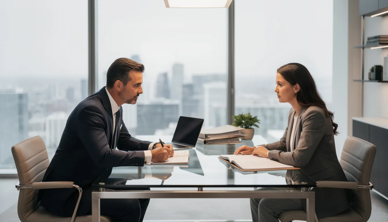 The image depicts a professional meeting between an attorney and a client in a modern office setting, where they are discussing a personal injury case related to a car accident. The attorney, showcasing expertise in personal injury law, is providing legal representation to help the client navigate the complexities of their personal injury claim, including medical expenses and potential compensation from insurance companies.