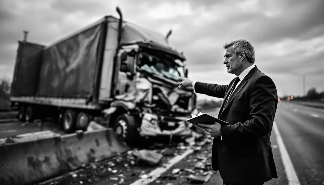 A truck accident scene being documented by a lawyer and a client.