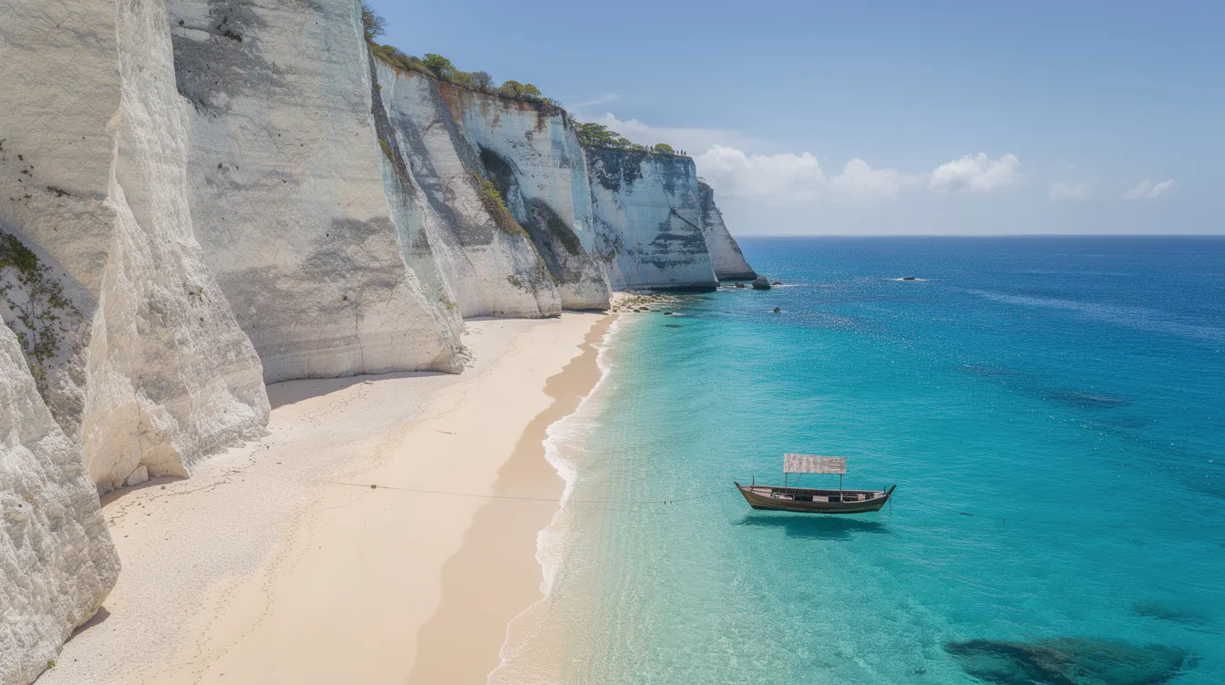 Vista aérea de uma praia paradisíaca em Zakynthos, com falésias brancas e areia clara, onde o mar azul turquesa se destaca. Um barco de madeira está ancorado nas águas calmas, proporcionando uma cena tranquila que é um convite para explorar as belezas naturais da Grécia.