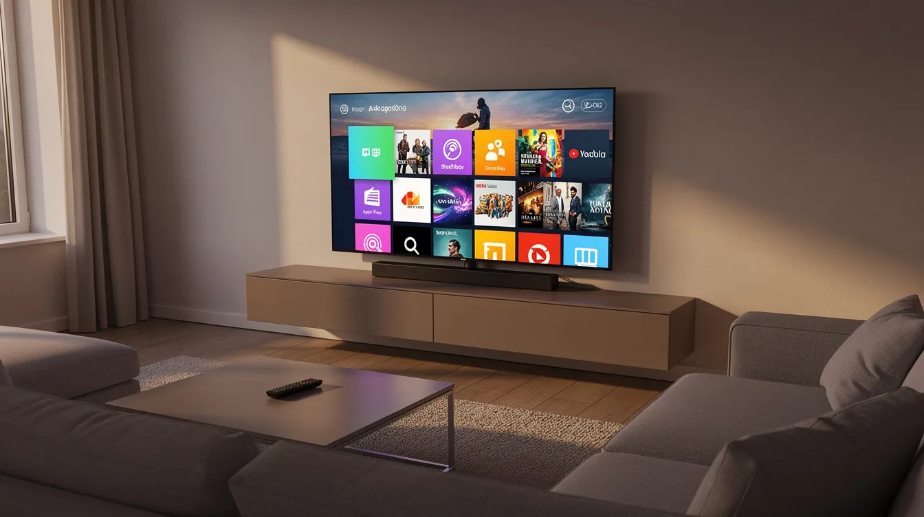A modern living room features a large flat screen television showcasing a vibrant channel grid, representing various live TV channels available through IPTV services. A remote control rests on a coffee table, highlighting the convenience of accessing premium IPTV content.