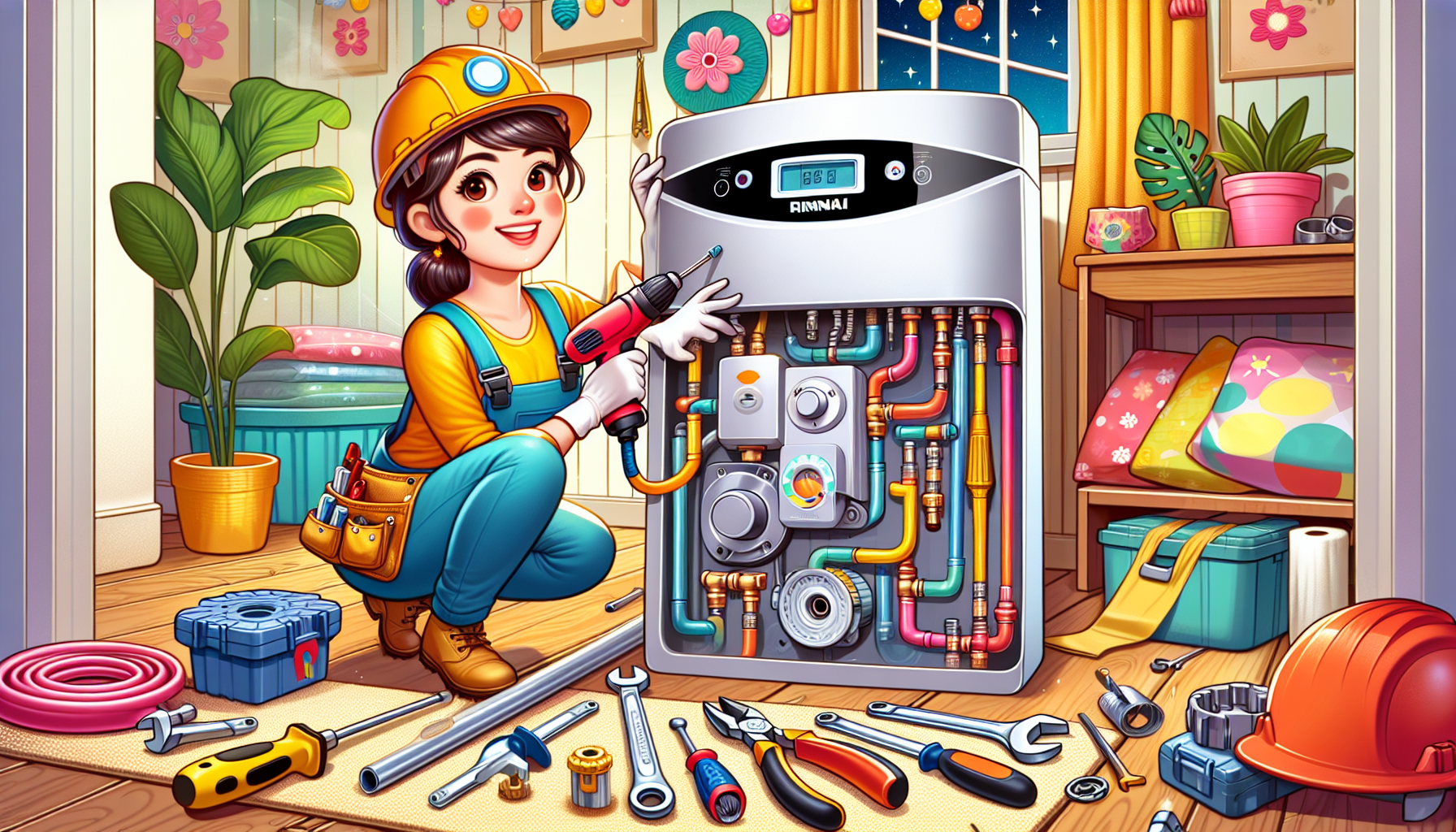 An illustration of a professional installing a Rinnai hot water system.