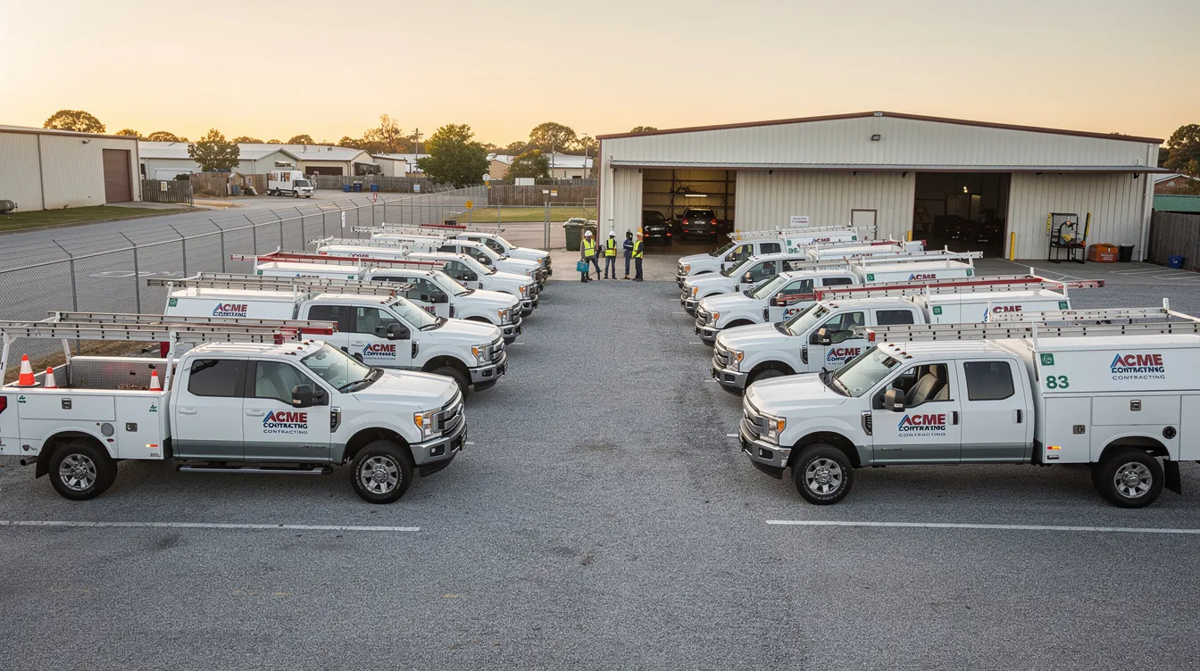 The image shows a fleet of contractor work trucks and vans parked in a company yard, ready for various construction projects. These vehicles represent the essential tools that contractors use to fulfill their financial obligations and ensure the faithful performance of their contracts, often backed by surety bonds for added protection.