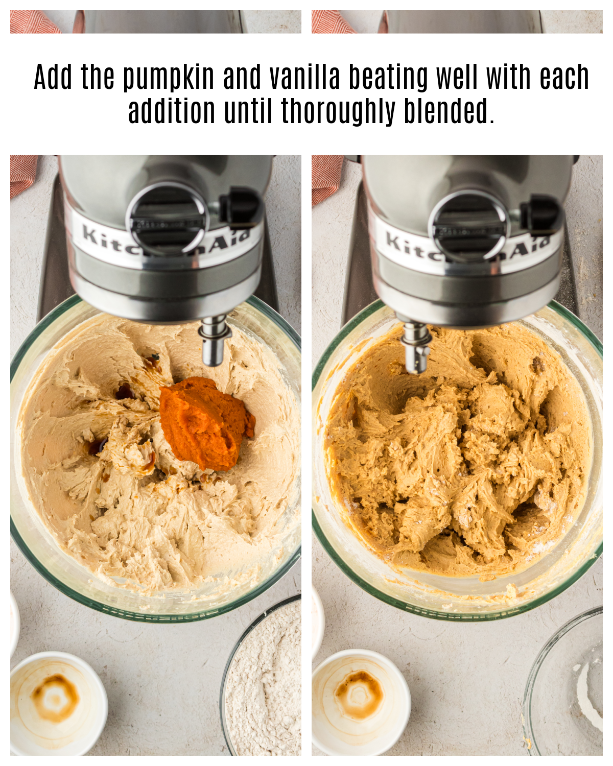 pumpkin and vanilla added to cookie dough in bowl
