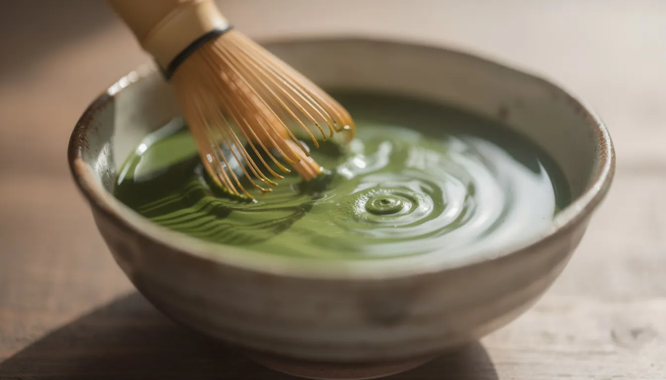 In einer kleinen Keramikschüssel wird Matcha-Pulver mit warmem Wasser verrührt, wodurch eine glatte, grüne Paste entsteht. Diese Zubereitung ist die Grundlage für ein köstliches Matcha-Eis, das reich an Antioxidantien ist und ein einzigartiges Geschmackserlebnis bietet.
