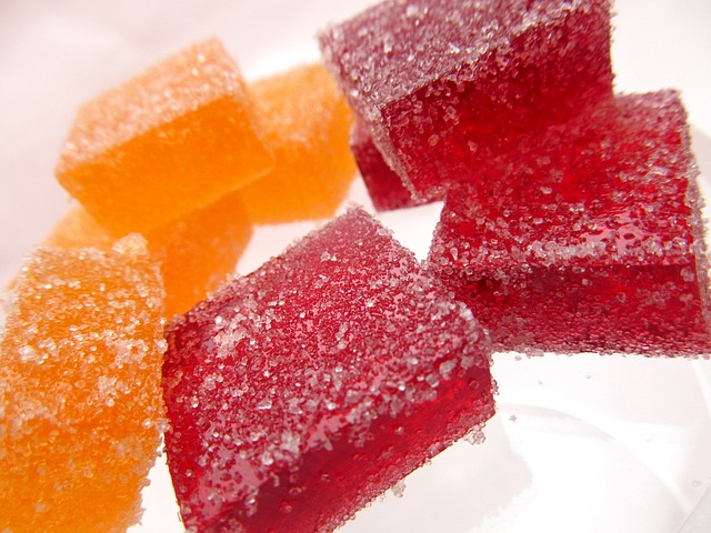 full-spectrum CBD gummies cubes in red and orange