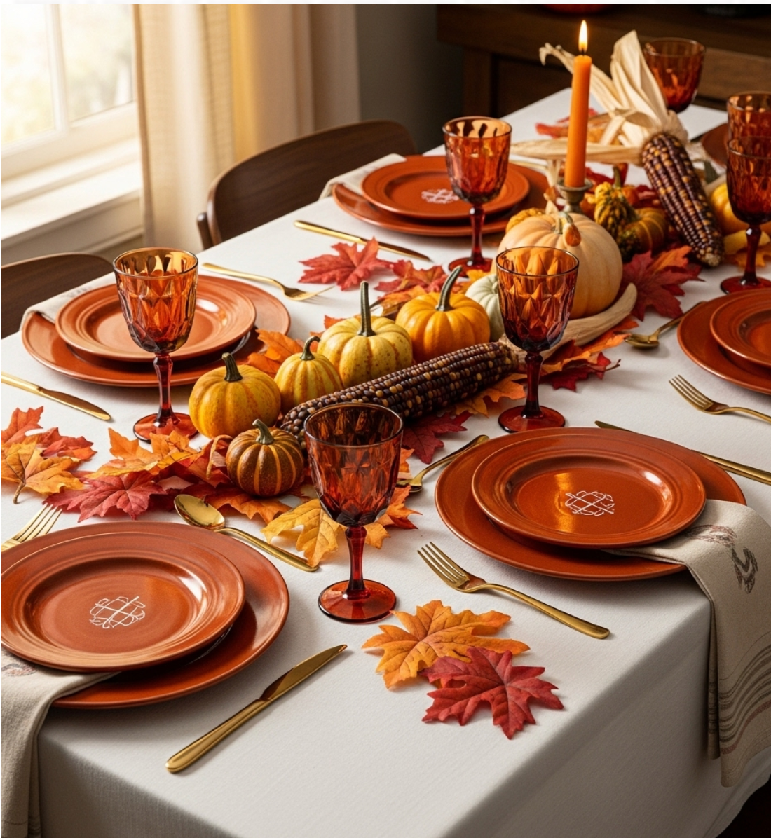 thanksgiving essentials, dark orange place settings for thanksgiving, fall pumpkins from the season create a fun nature themed centerpiece