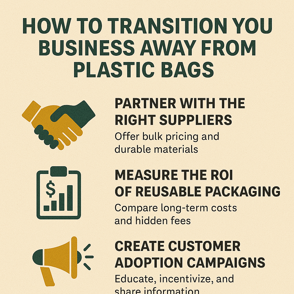 Infographic with three icons: a handshake for suppliers, a chart for ROI, and a megaphone for customer adoption. Text explains strategies for reducing plastic use.