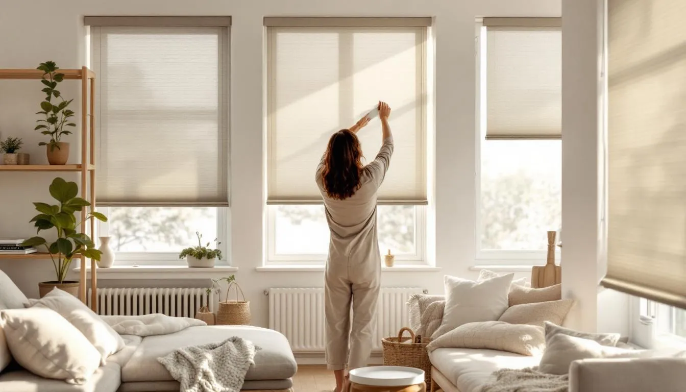 A person installing light filtering shades in a bright room.