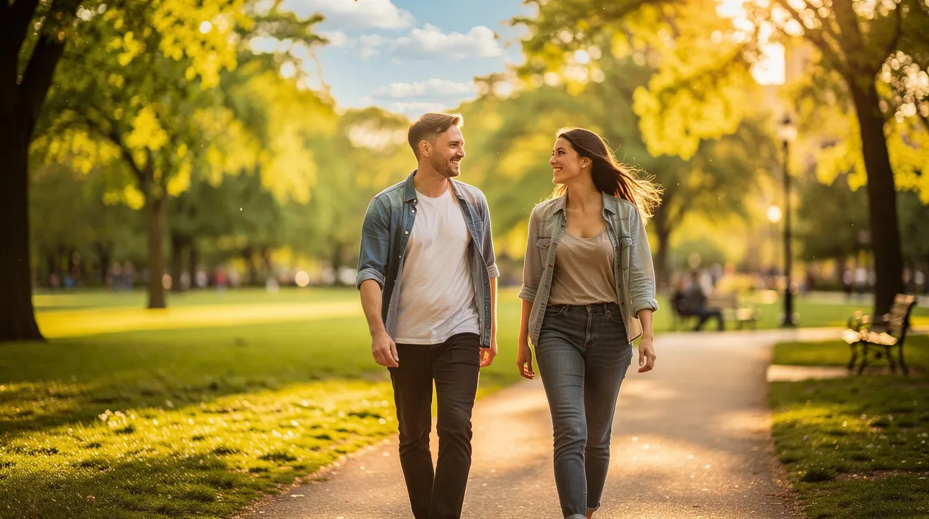 A happy couple strolls hand in hand through a sunny park, embodying the essence of a healthy relationship built on shared values and emotional intimacy. Their laughter and smiles reflect a deep connection, showcasing the importance of compatibility and understanding in their partnership.