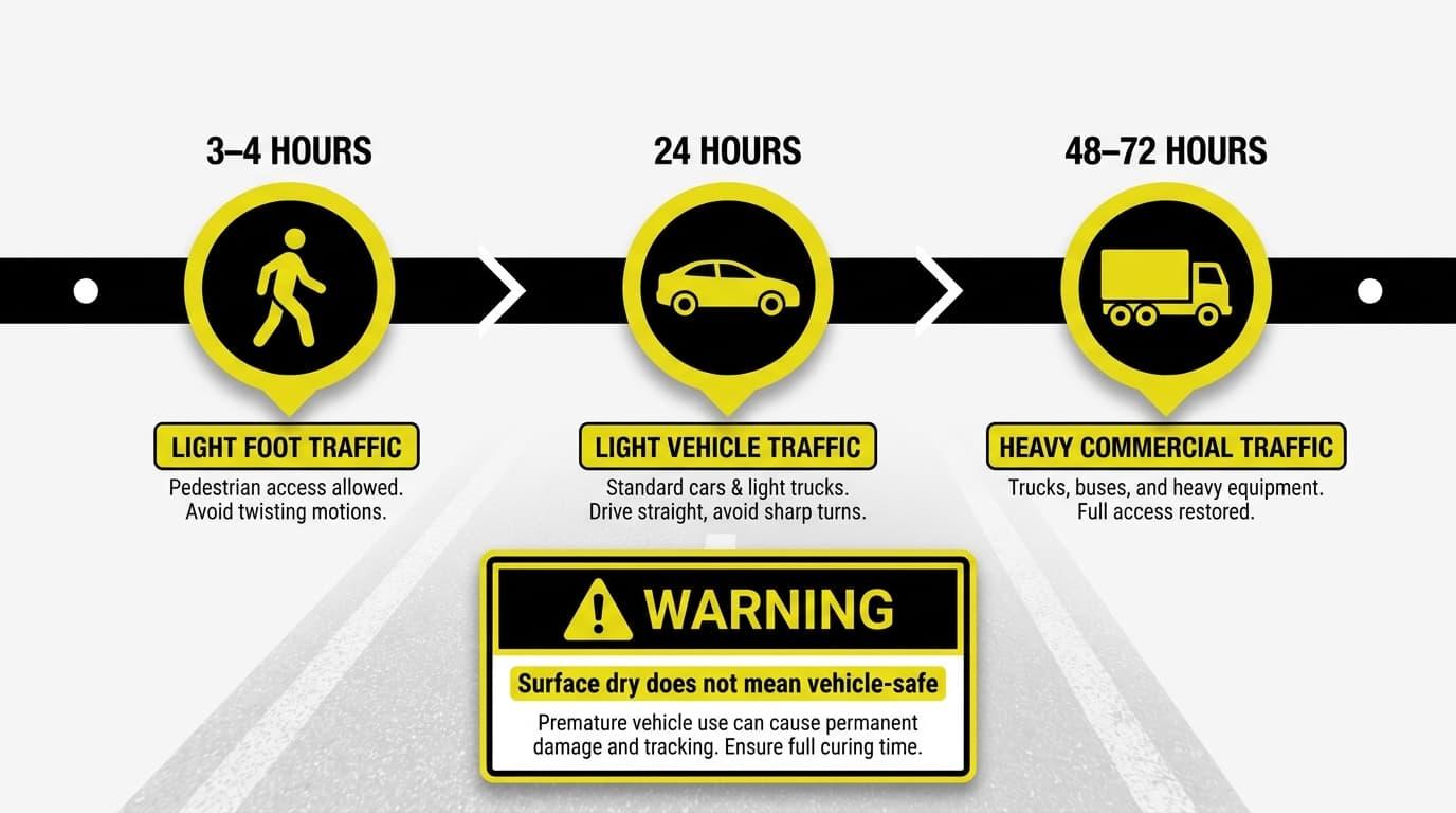 How Long Does Sealcoating Take to Dry? Essential Insights for a Perfect Asphalt Finish 1 When Can You Reopen Your Lot After Sealcoating?