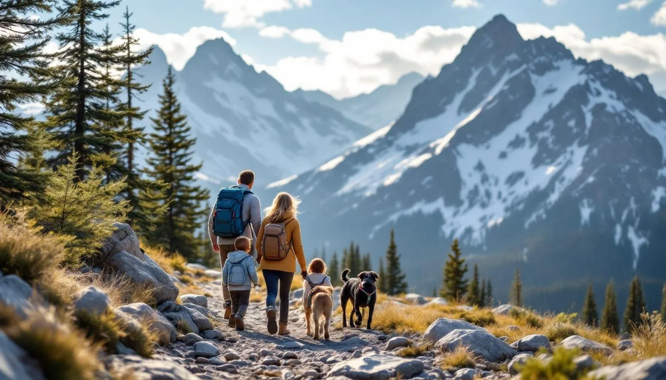A family with two dogs is enjoying a beautiful mountain scenery, with the majestic Brian Head peaks in the background. This pet-friendly setting is perfect for families looking to explore the outdoors and enjoy their stay at Brian Head Lodge.