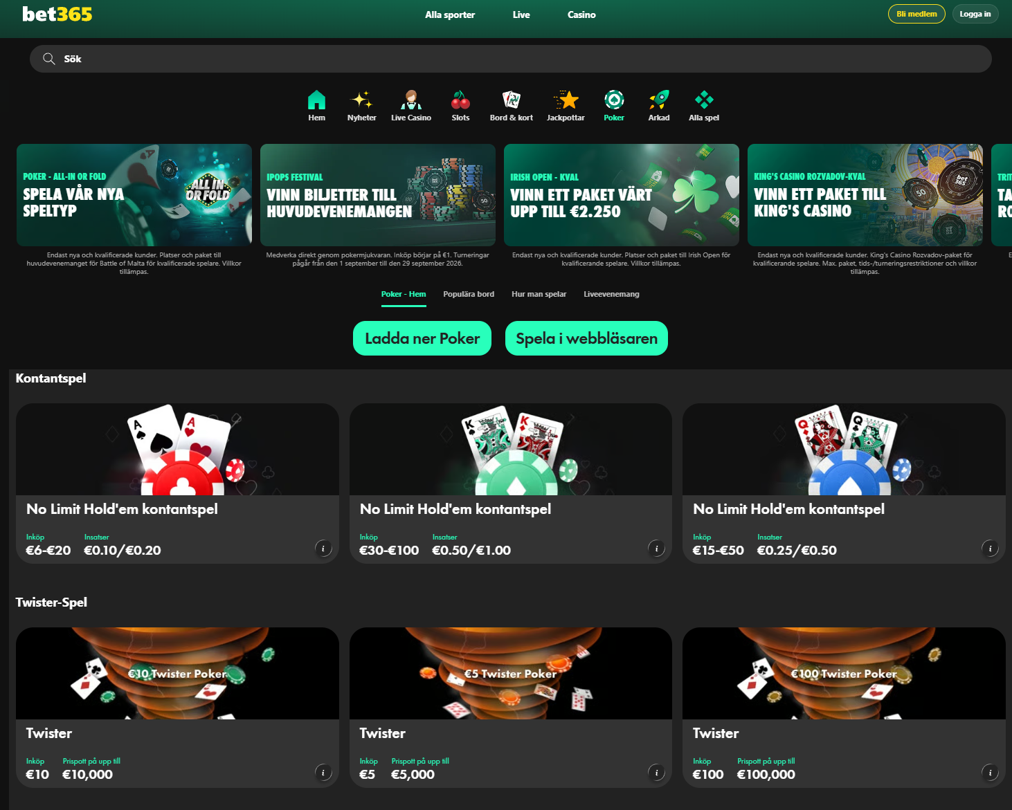 Bet365 Poker med kontantspel, Twister-spel och möjlighet att spela direkt i webbläsaren.