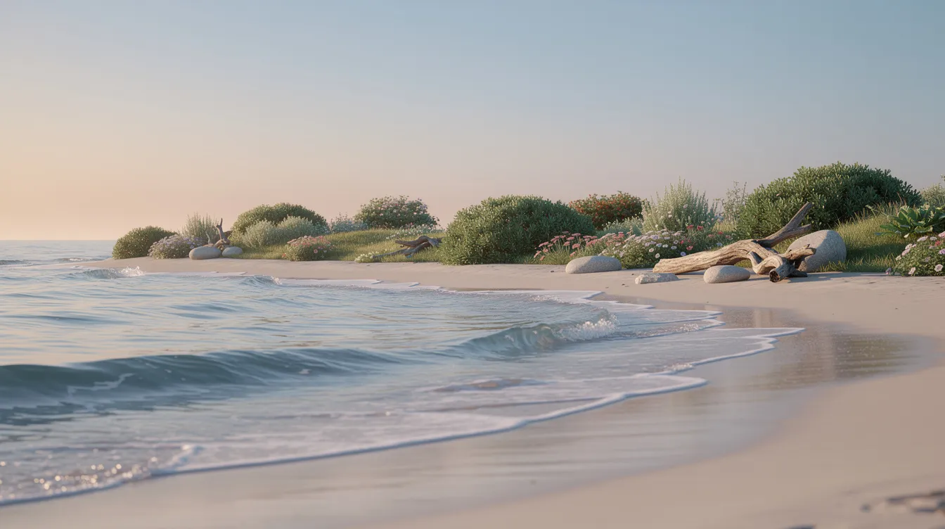 The image depicts a peaceful natural setting, featuring gentle ocean waves lapping at the shore, symbolizing a calm and safe environment ideal for group therapy sessions. This serene backdrop suggests a supportive atmosphere where group members can engage in mental health discussions and personal growth, fostering emotional support and deeper self-awareness.