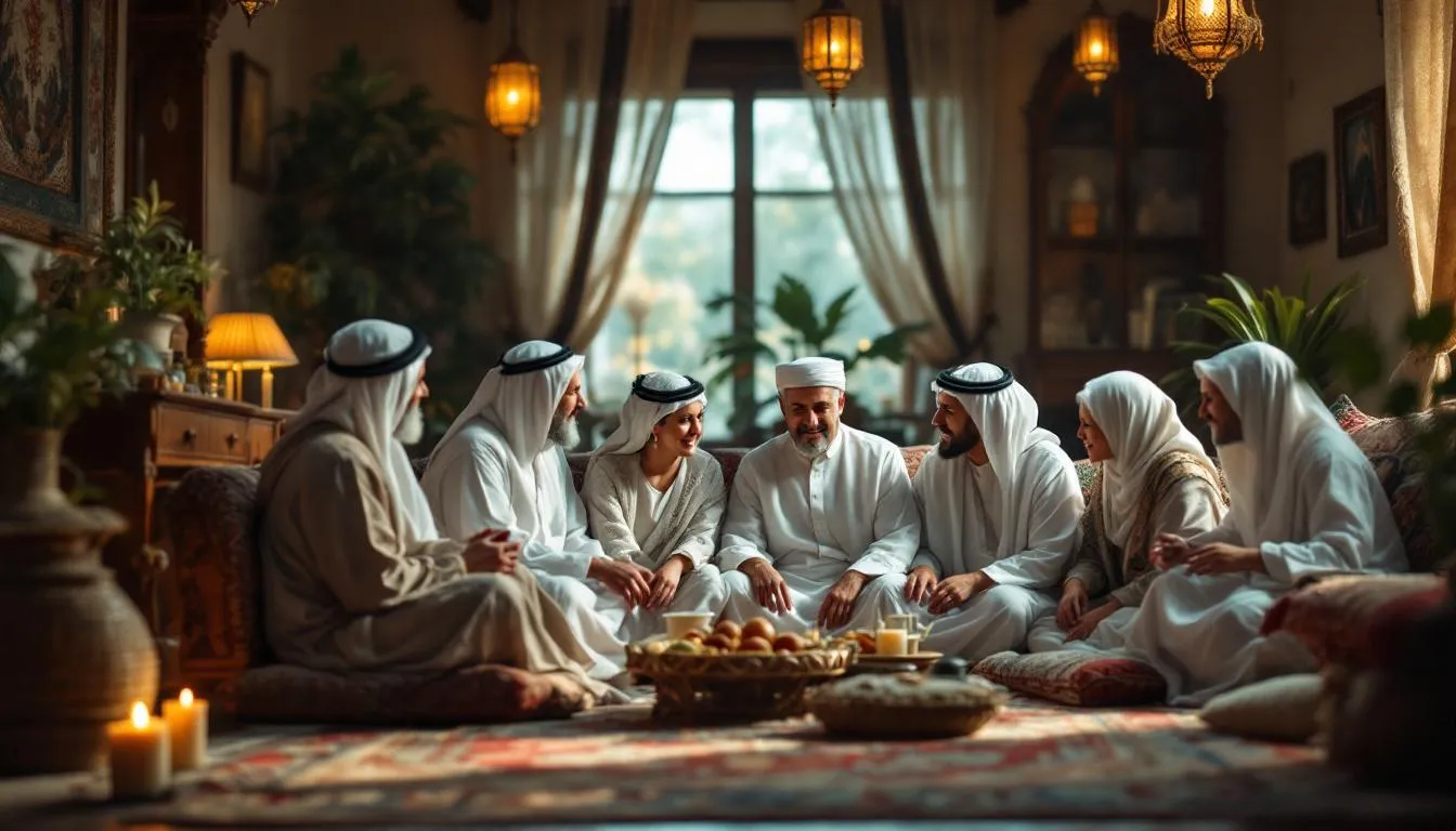 The image depicts a traditional Arab family gathering, showcasing both elders and younger generations sharing laughter and conversation, embodying the rich and diverse culture of the Arab world. Phrases like "as salamu alaykum" and "shukran" can be heard as they engage in warm greetings, highlighting the importance of family and community in Arabic culture.