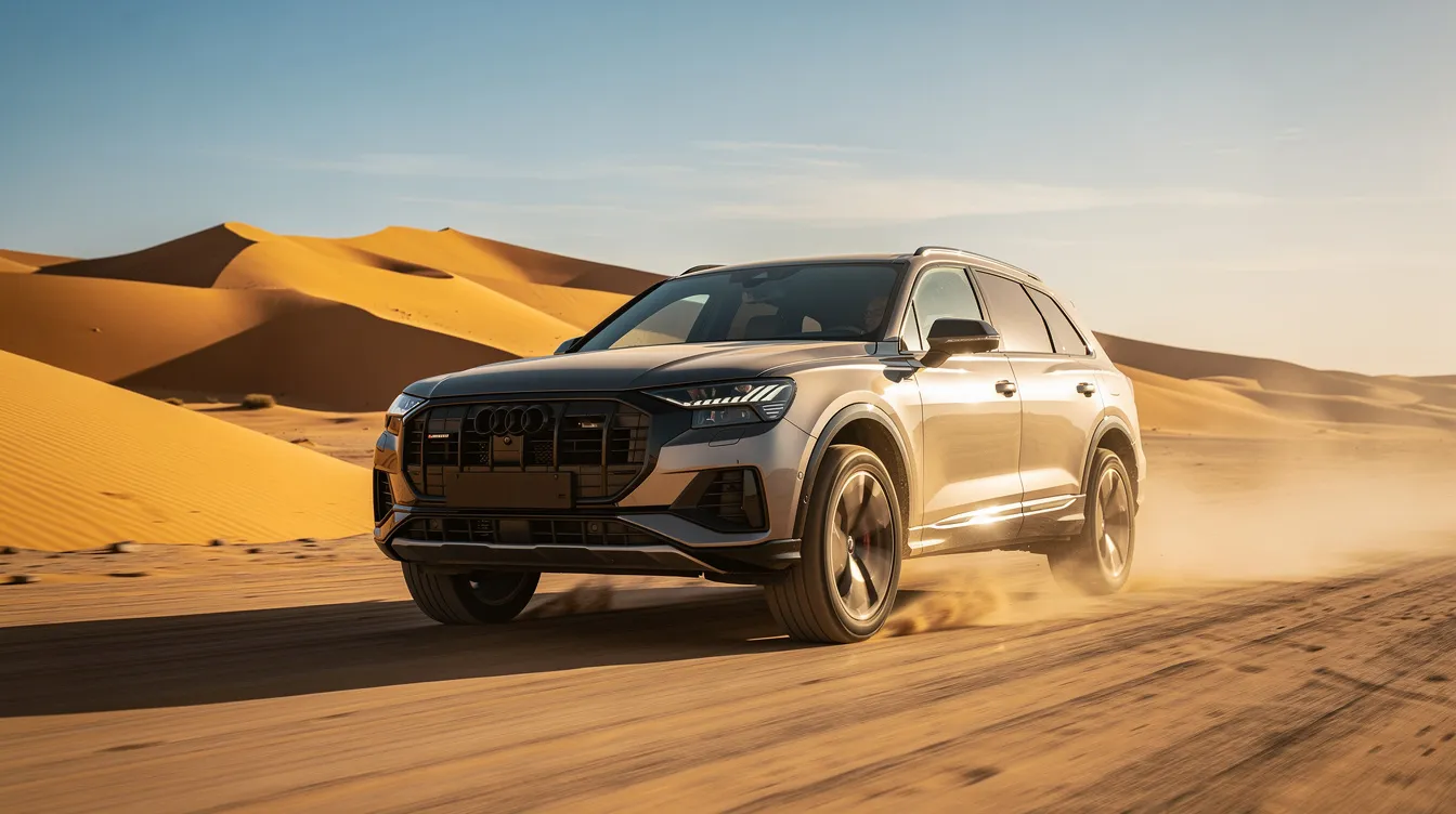 Een SUV rijdt over een stoffige woestijnweg, omringd door indrukwekkende zandduinen in de achtergrond. Deze scène roept de ultieme vrijheid op van het verkennen van Marokko met een huurauto, perfect voor lange afstanden en onvergetelijke reizen.