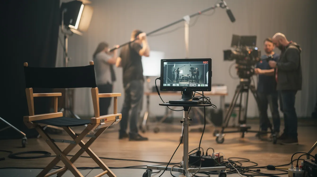 Auf dem Bild ist ein Regiestuhl neben einem Vorschaumonitor auf einem Filmset zu sehen, während im unscharfen Hintergrund eine Filmcrew beschäftigt ist. Der Regiestuhl symbolisiert die Rolle des Regisseurs, der eine zentrale Funktion im kreativen Prozess des Filmemachens einnimmt.