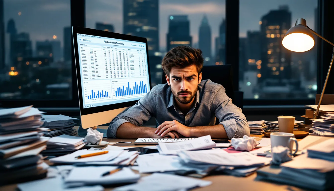 A person feeling overwhelmed with financial management tasks.