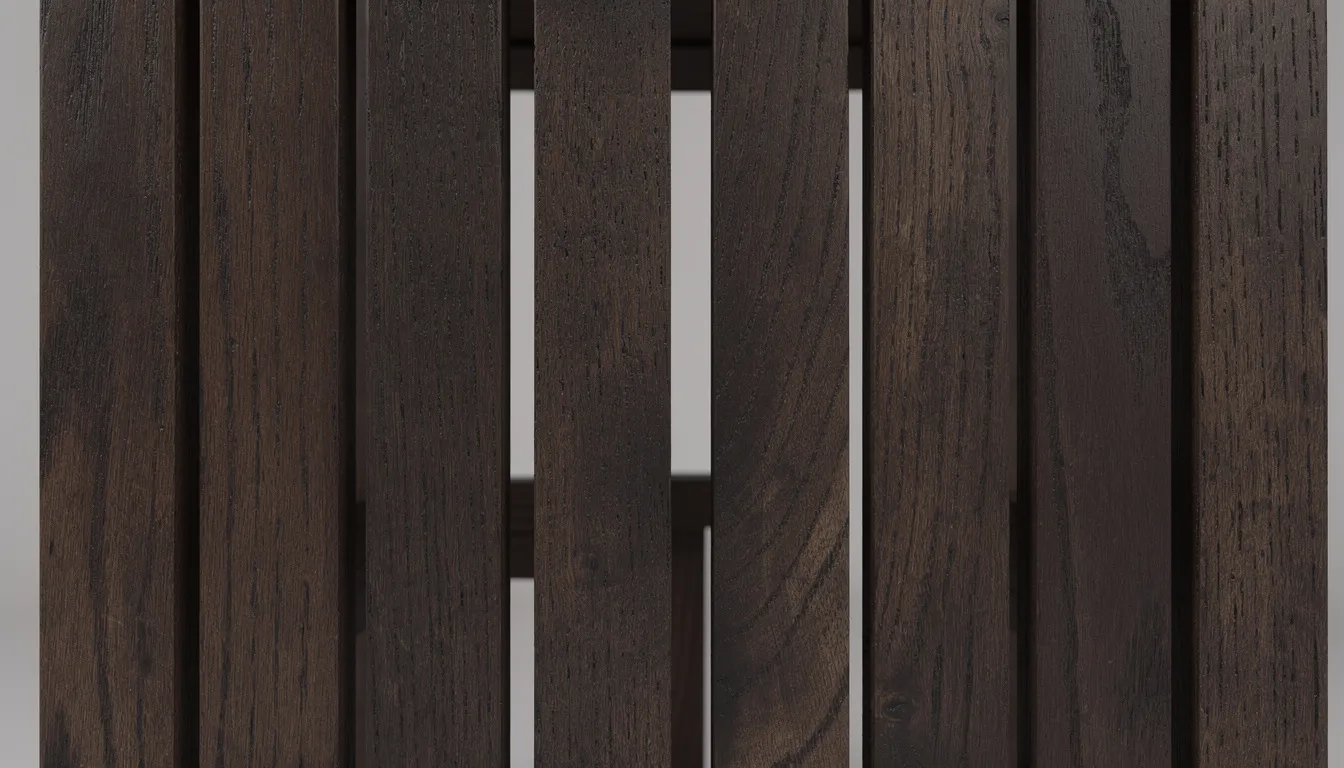 Close-up van een gerookt eiken lattenstructuur met een natuurlijke houtnerf, dat een luxe uitstraling en een warme houtlook biedt. Deze hoogwaardige wandpanelen zijn ideaal voor een stijlvolle upgrade van jouw muren en zijn eenvoudig te monteren voor een snelle renovatie.