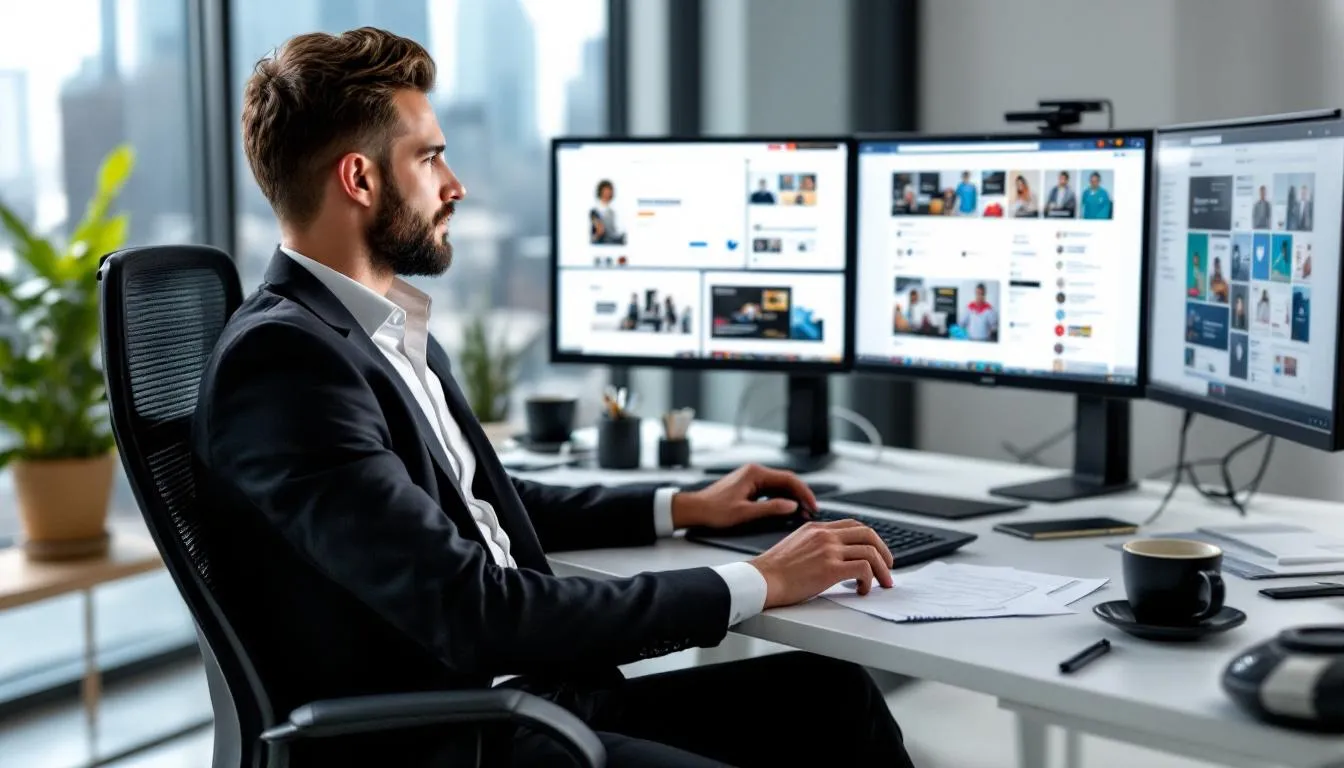 A marketing professional sits at a desk surrounded by multiple monitors displaying various social media platforms, including Instagram and LinkedIn, as they strategize on creating high-quality content and social media posts for their target audience. The workspace reflects a digital marketing strategy focused on content repurposing and engaging with multiple channels.
