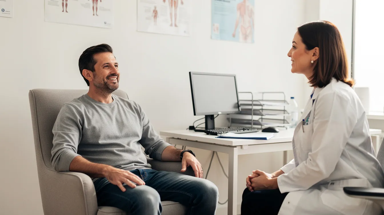A relaxed male patient is sitting in a modern medical consultation room, engaging in a conversation with a healthcare provider about his health concerns, possibly related to testosterone replacement therapy and overall men's health services. The setting reflects a personalized approach to treatment, emphasizing a comfortable environment for discussing topics like low testosterone and hormone therapy.