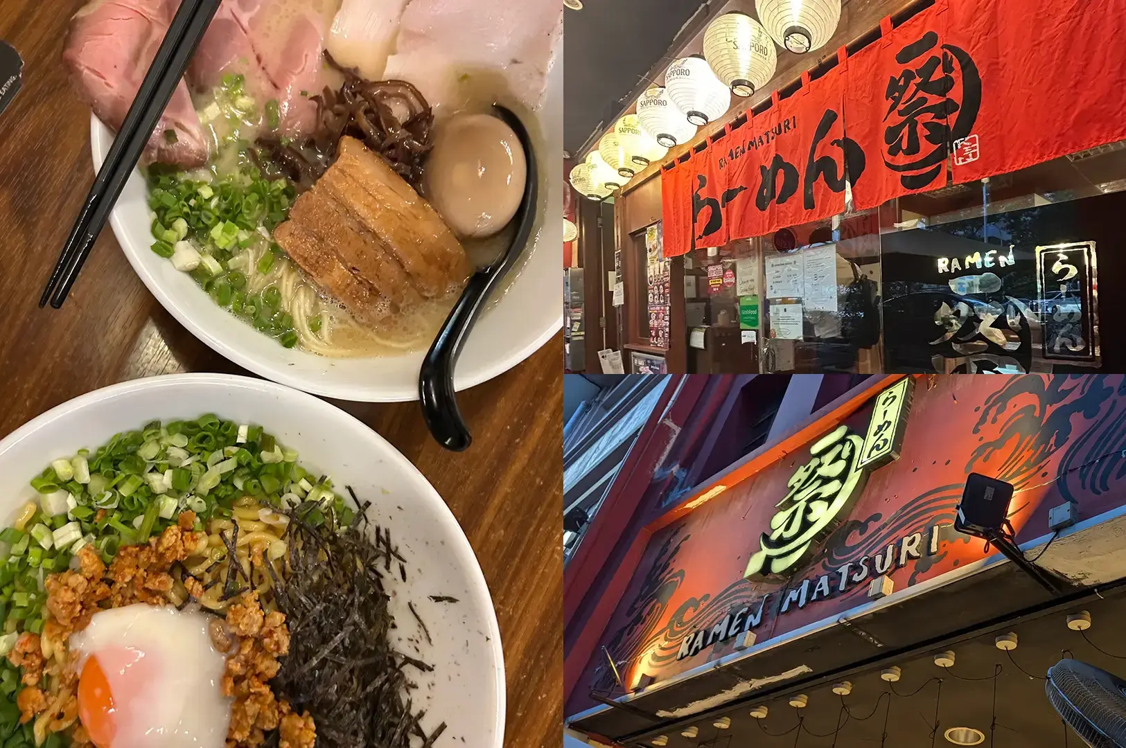 Ramen Matsuri storefront with red lanterns and signage, plus two ramen bowls with chashu, egg, and mazesoba with onsen egg.