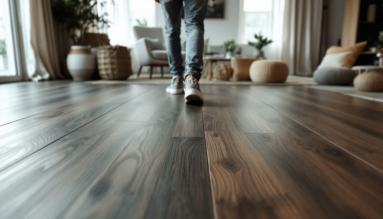 Testing the sound of hardwood floors to determine flooring material.