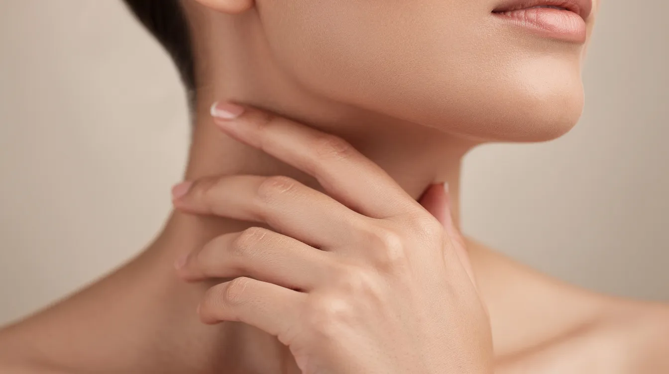 A close-up image shows a person gently touching the side of their neck and jawline, highlighting areas where skin laxity may be present. This intimate moment suggests a focus on skin tightening and improving skin elasticity, possibly in the context of a minimally invasive procedure like the Renuvion treatment.