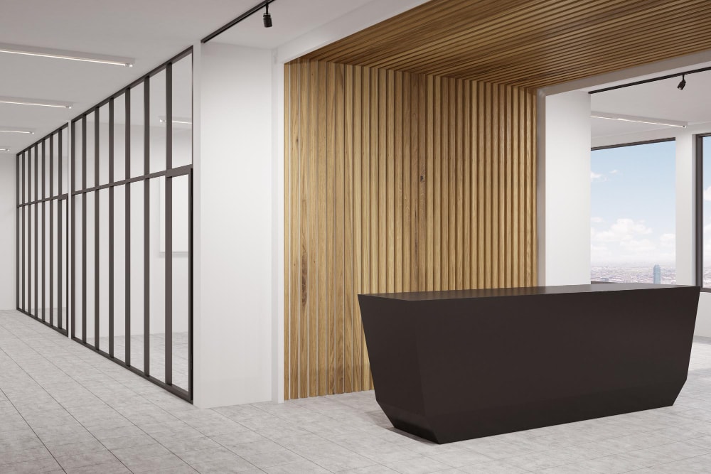 interior wood slat wall ideas for receptionist room in office