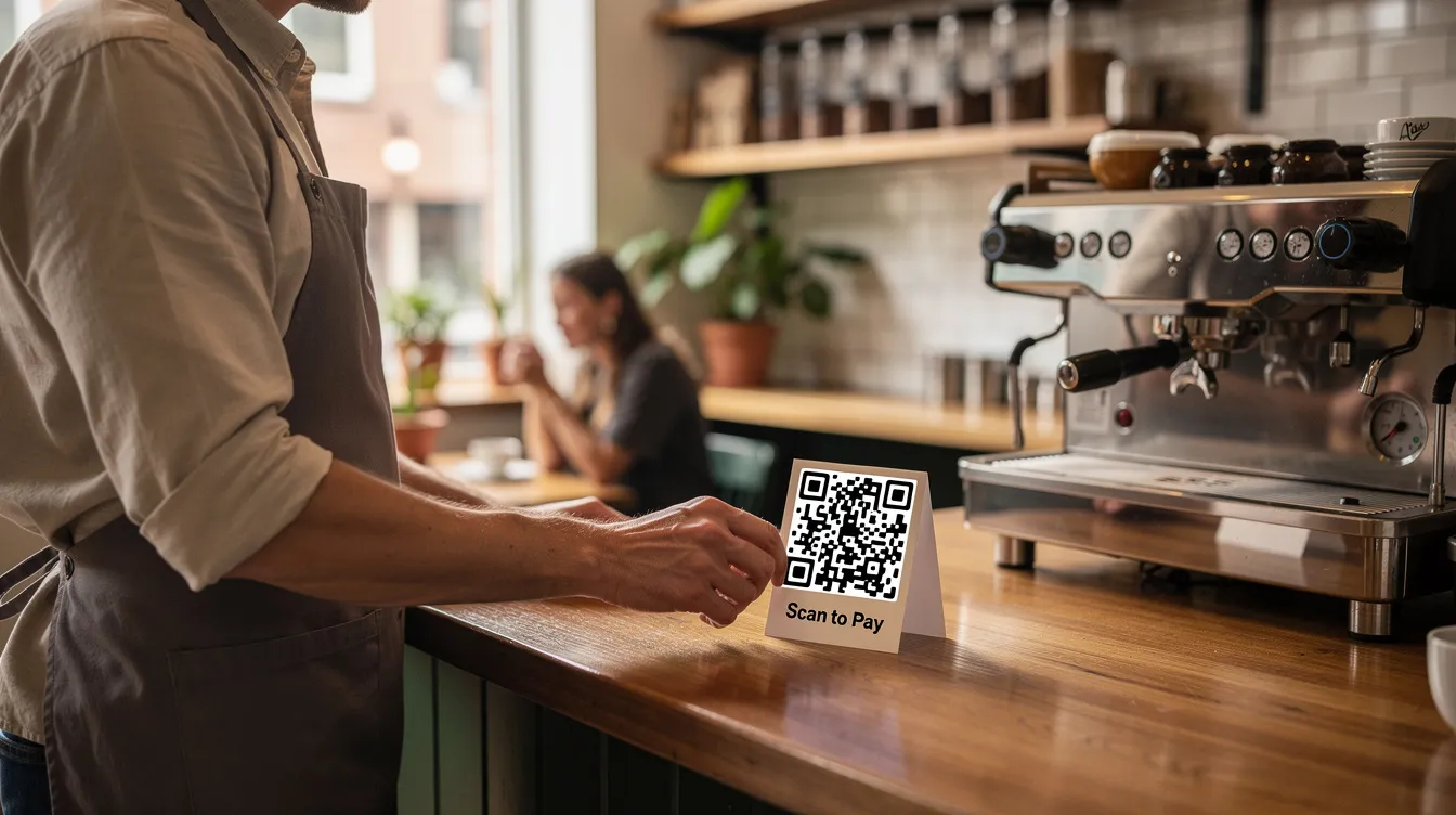 A business owner is placing a small printed QR code card on a shop counter, with a warm and inviting café interior in the background, enhancing the local visibility of the business. The scene captures the essence of digital marketing, where the QR code serves as a bridge to connect customers with valuable content and services.