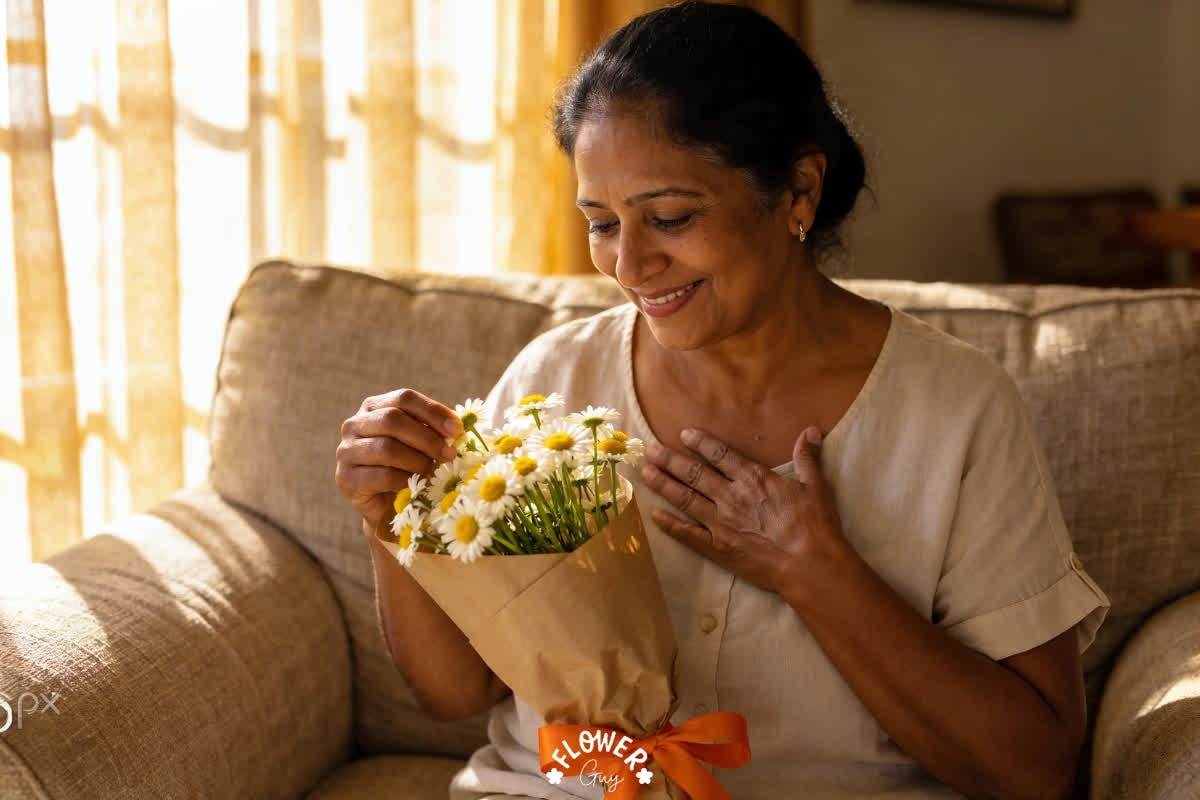 Mom receiving fresh daisy bouquet on Mother's Day, affordable flower delivery across South Africa from Flower Guy