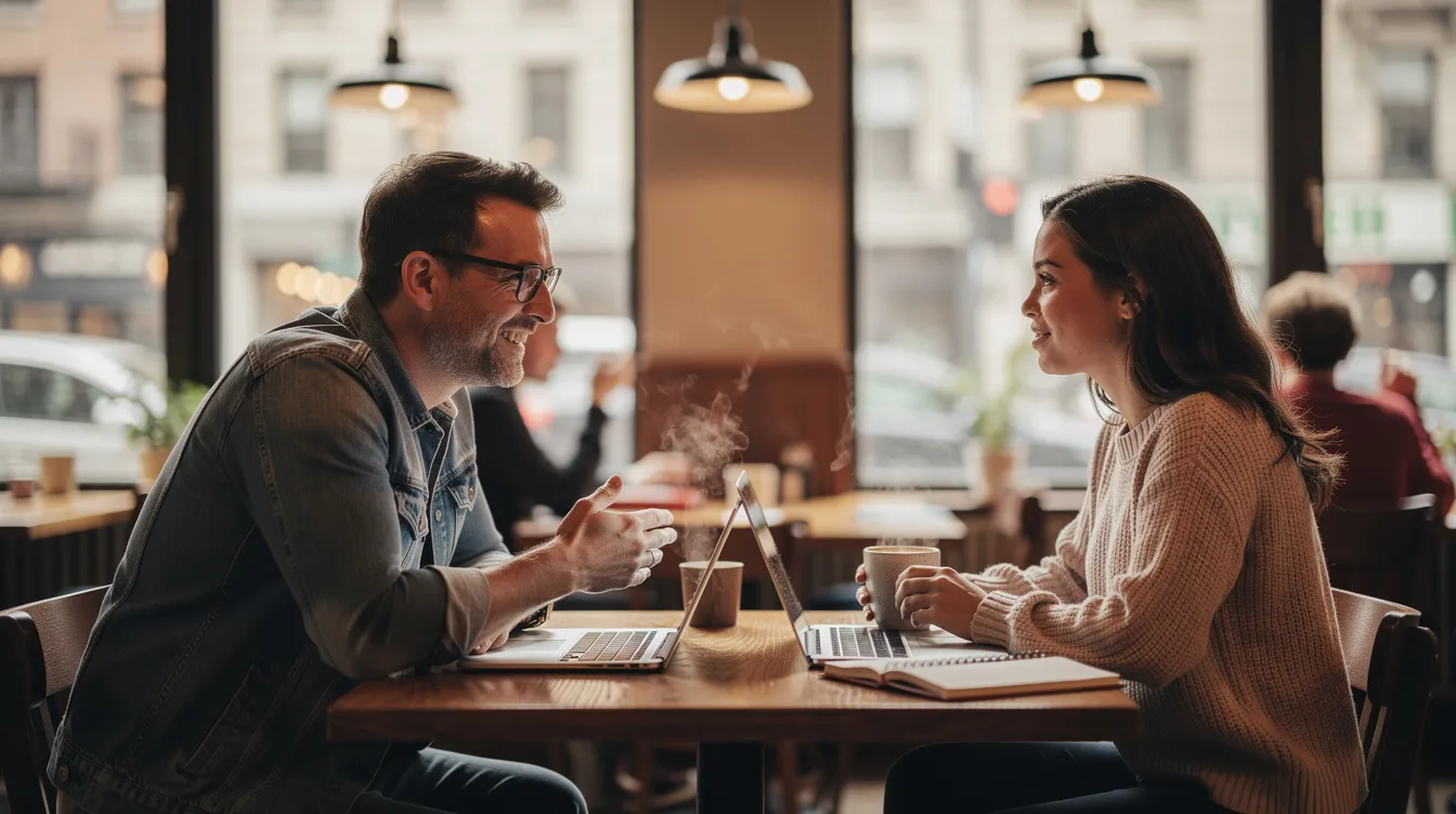 In a cozy coffee shop, two individuals sit across from each other, engaged in a deep conversation that fosters emotional intimacy and connection. Their body language suggests a growing romantic interest, indicative of the early stages of a dating relationship.