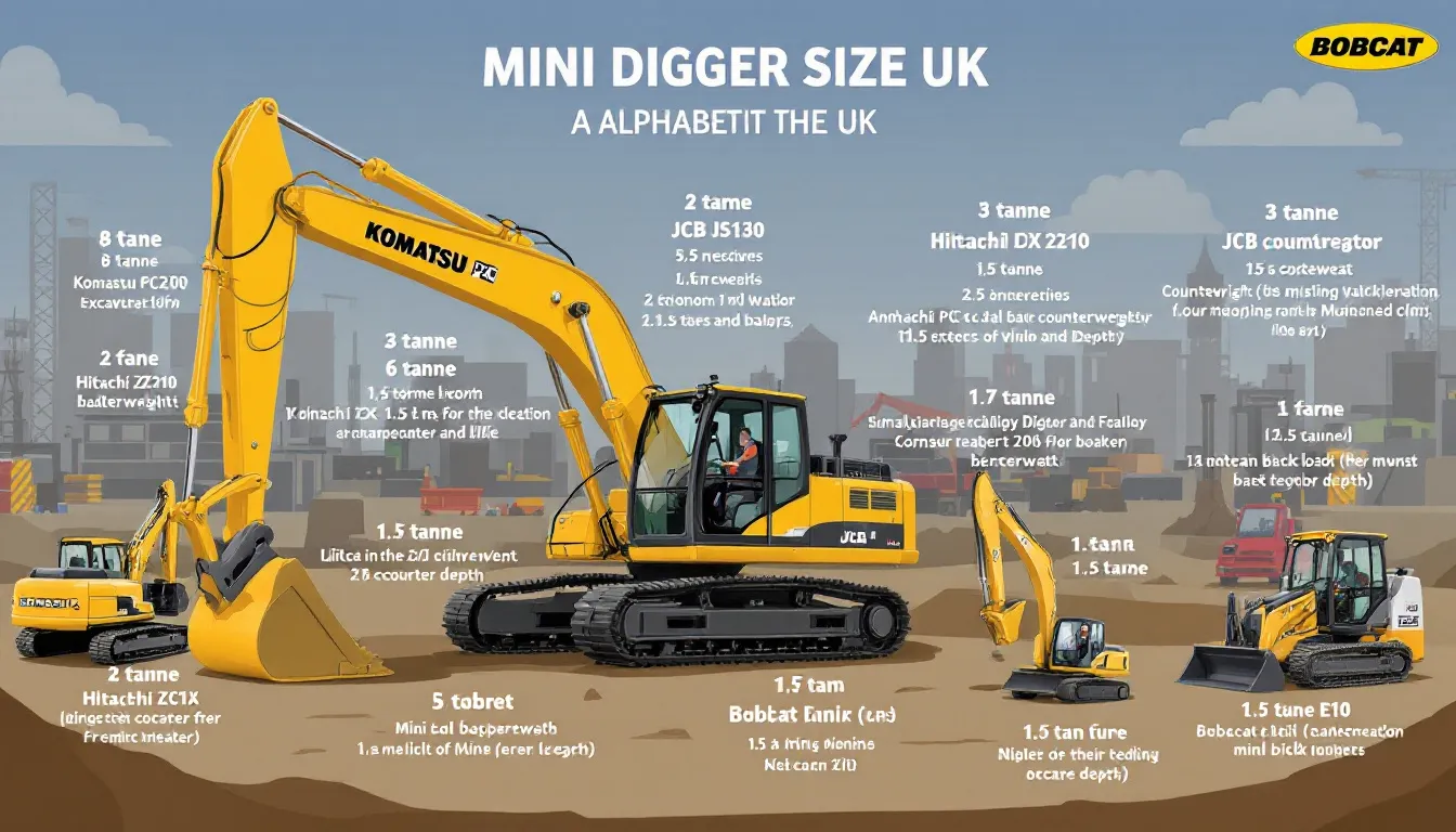 A variety of mini digger sizes in a construction site.
