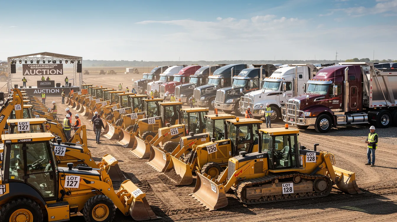 The image depicts an outdoor auction yard filled with a variety of heavy duty construction equipment and used trucks for sale, all staged for bidding. This location in New Jersey offers customers the opportunity to find the right truck to meet their specific needs, with a diverse inventory available for purchase.