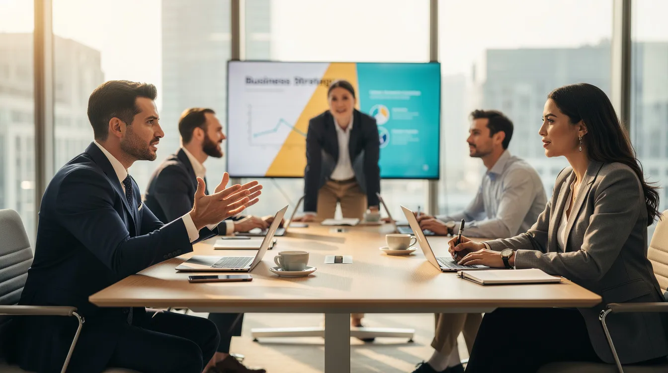 Een zakelijk overleg tussen ervaren ondernemers, waarbij ze ideeën uitwisselen over innovatieve producten en investeringsstrategieën voor duurzame groei in verschillende sectoren. De bijeenkomst benadrukt de sterke focus op samenwerking en het identificeren van nieuwe kansen voor verdere groei en ontwikkeling.
