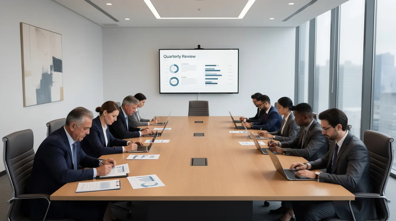 A professional conference room is depicted, with several individuals seated around a large table, engaged in reviewing construction contracts and documents. The atmosphere suggests a collaborative effort to resolve disputes related to project delays and unforeseen site conditions, highlighting the importance of clear documentation and legal guidance in managing the original contract scope.