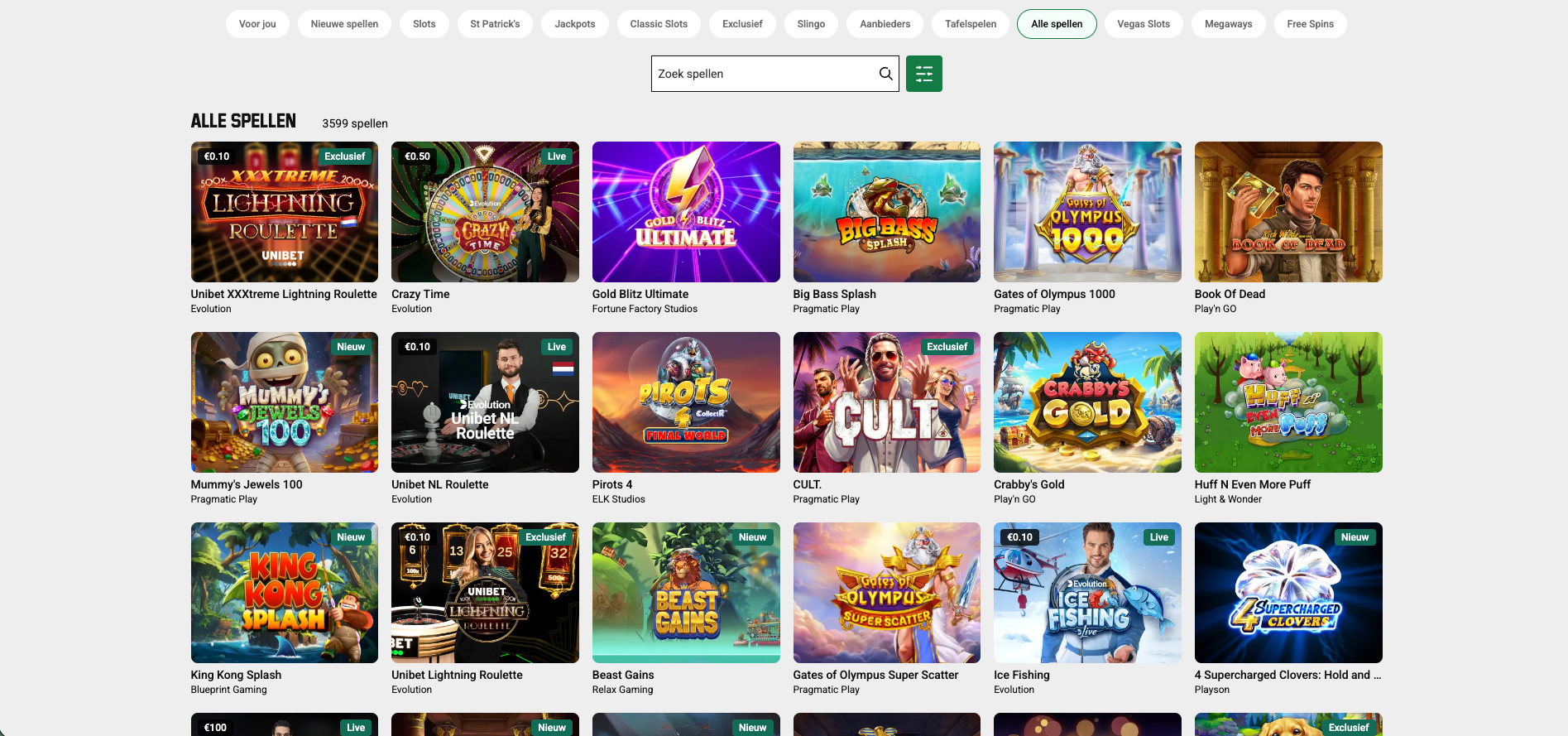 Overzicht van alle casinospellen bij Unibet, met duizenden online slots, live casino spellen en tafelspellen, waaronder Crazy Time, Big Bass Splash, Gates of Olympus 1000 en Book of Dead van bekende providers zoals Evolution, Pragmatic Play en Play’n GO.