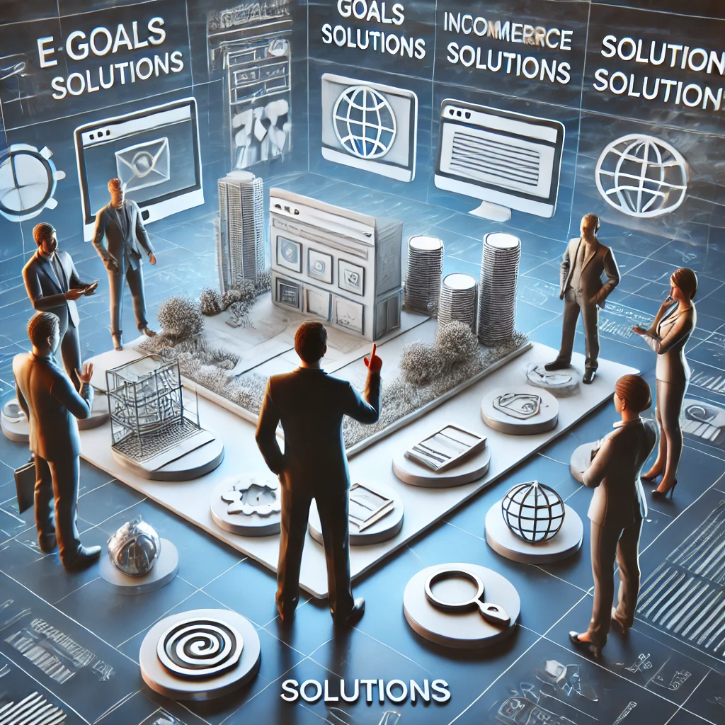Propietario de negocio consultando con especialistas para crear un sitio web, con tipos de sitios web en el fondo e íconos de metas, soluciones y crecimiento. | Posiciona.Digital