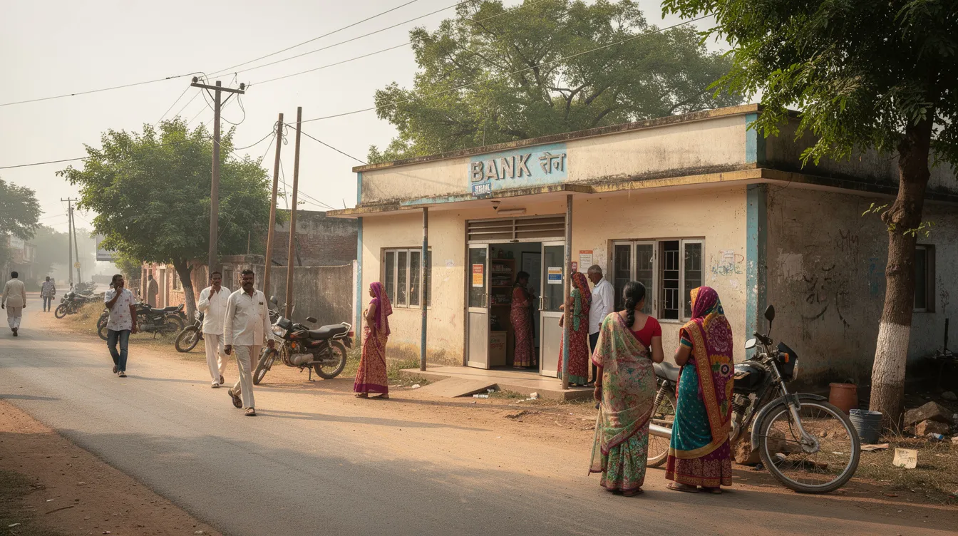The image shows a small bank branch building of the Surat District Cooperative Bank in a rural Indian town, with customers walking nearby, highlighting the local banking services and community engagement in financial transactions. The scene captures the essence of the Indian financial system, where residents can conduct their banking activities, such as sending and receiving money, in a familiar setting.