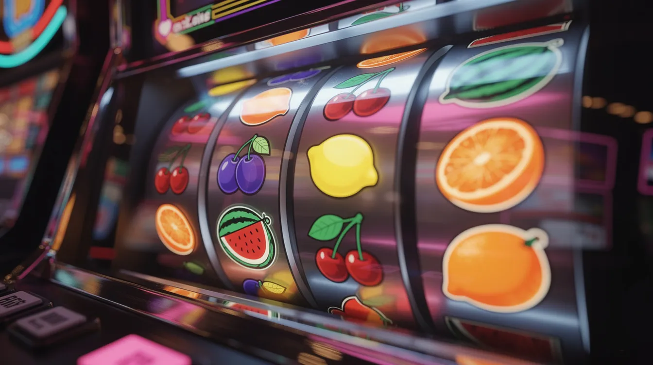The image depicts vibrant slot machine reels adorned with colorful fruit symbols, spinning rapidly. This scene evokes the excitement of online casinos, where players can enjoy various games and potentially win bonus money through promotions like the first deposit bonus.