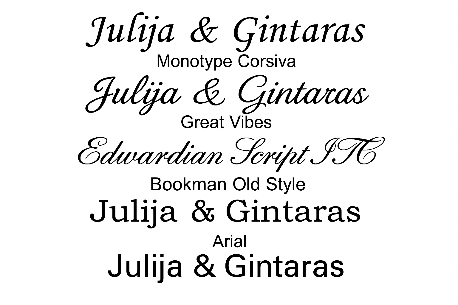 Pavyzdys su penkiais skirtingais graviravimo šriftais – Monotype Corsiva, Great Vibes, Edwardian Script ITC, Bookman Old Style ir Arial – ant balto fono.