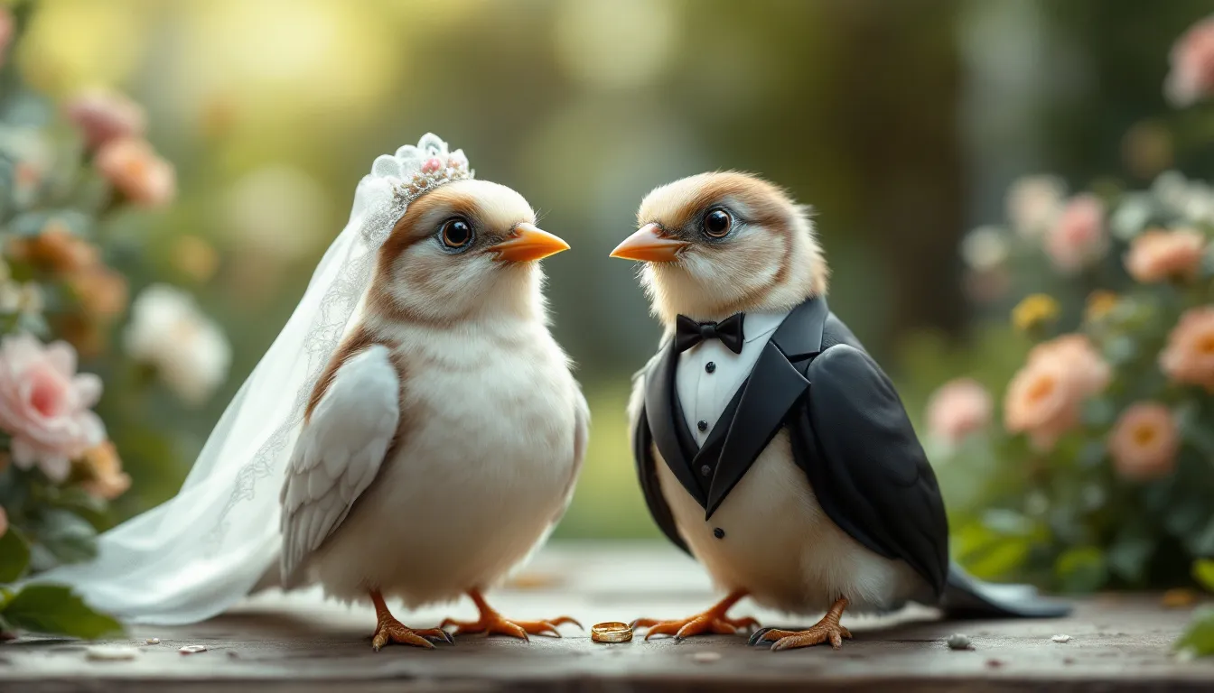 In dieser humorvollen Darstellung sind zwei Vögel, ein Bräutigam und eine Braut, in festlichen Hochzeitskleidern gekleidet, die an einem Hochzeitsfest teilnehmen. Die Vögel scheinen fröhlich zu tanzen und strahlen mit ihren Hochzeitskränzen eine festliche Atmosphäre aus.