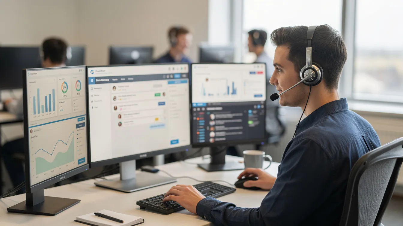 Ein Kundenservicemitarbeiter arbeitet mit digitalen Unterstützungstools, die auf künstlicher Intelligenz basieren, um die Effizienz und Zusammenarbeit im Arbeitsalltag zu verbessern. Die Nutzung von KI-Anwendungen bietet kleinen und mittleren Unternehmen (KMU) wertvolle Chancen zur Optimierung ihrer Prozesse.