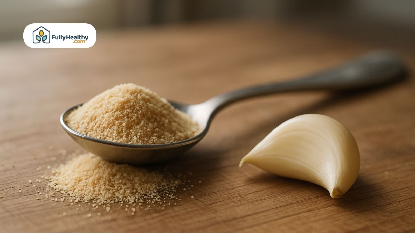 Spoon filled with garlic powder beside a single garlic clove on wooden table.