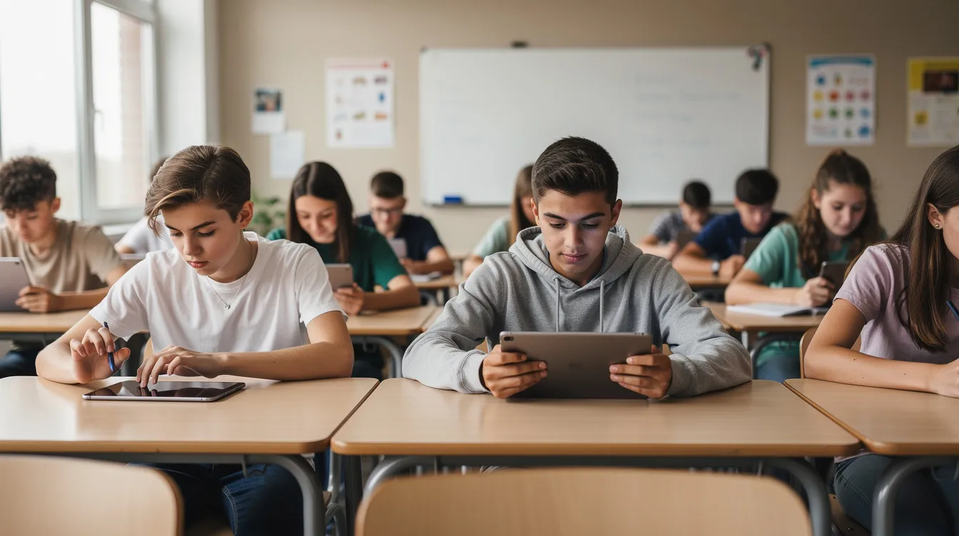 In einem Klassenraum arbeiten Schülerinnen und Schüler konzentriert an Tablets, während sie Informationen für ihren Deutschunterricht abrufen. Einige Geräte zeigen QR-Codes, die den Zugang zu einer Lernplattform erleichtern.