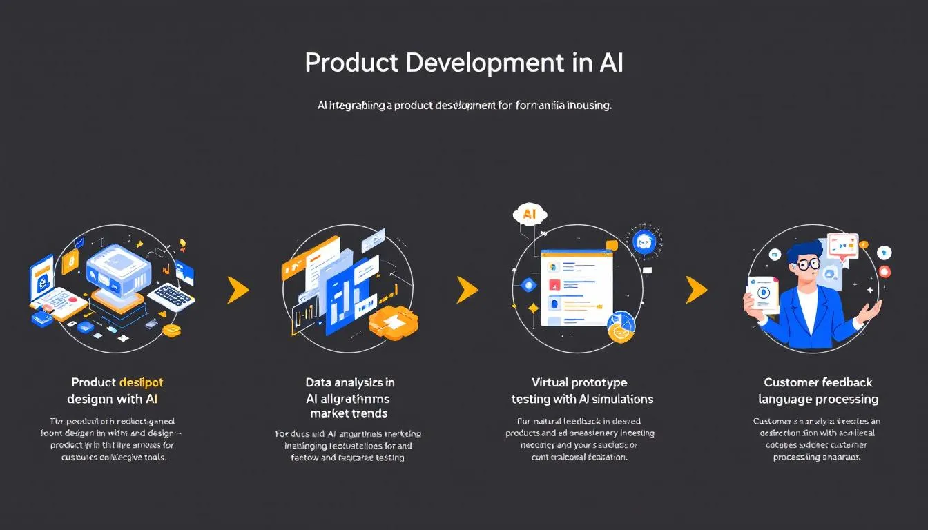 In this image, various AI tools and technologies are illustrated as integral components of the product development process, showcasing their role in analyzing customer data and market trends. The visual emphasizes how artificial intelligence enhances product development strategies by providing actionable insights and optimizing product features to meet user preferences and improve customer satisfaction.