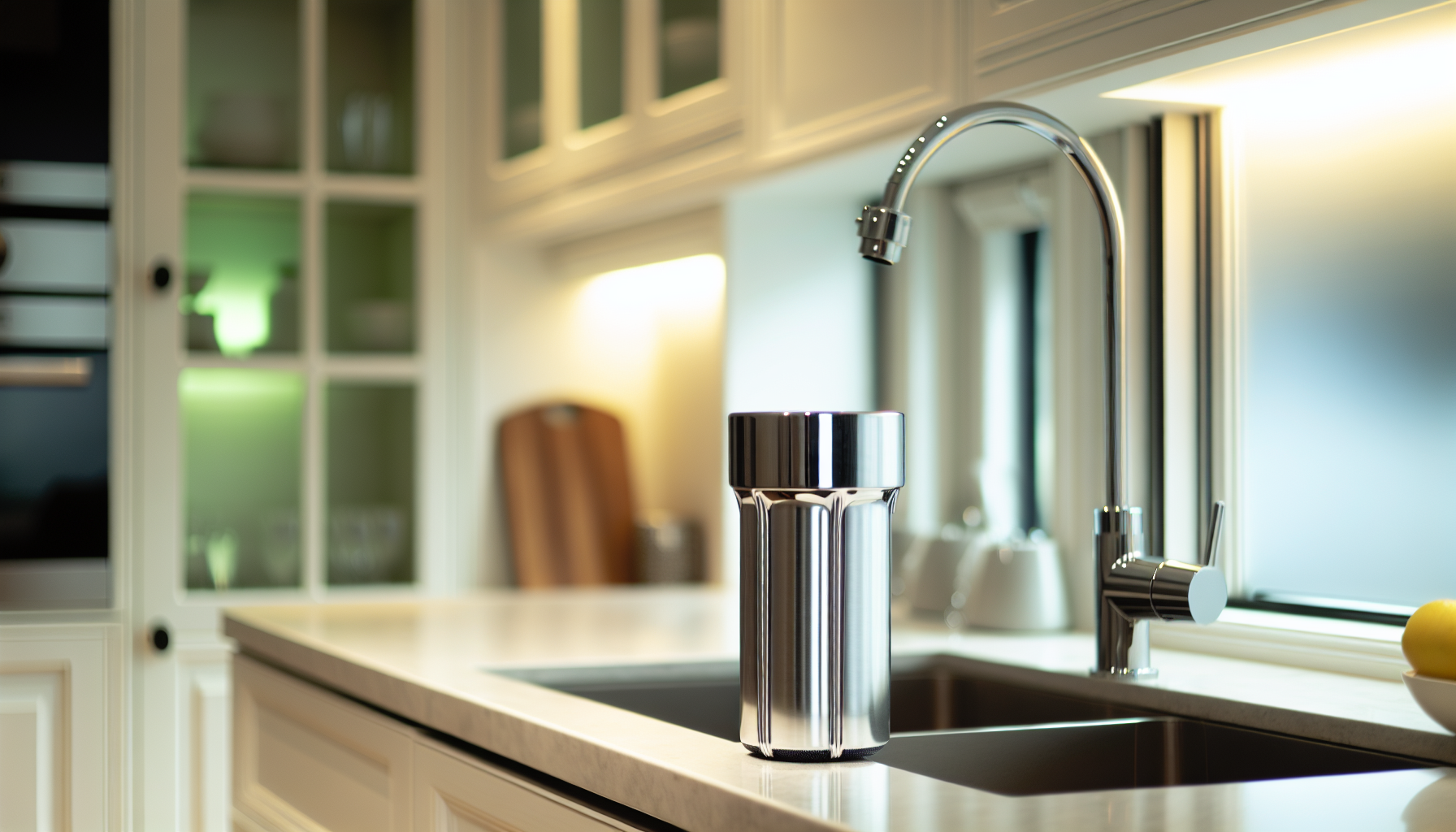 On tap water filter installed in a modern kitchen