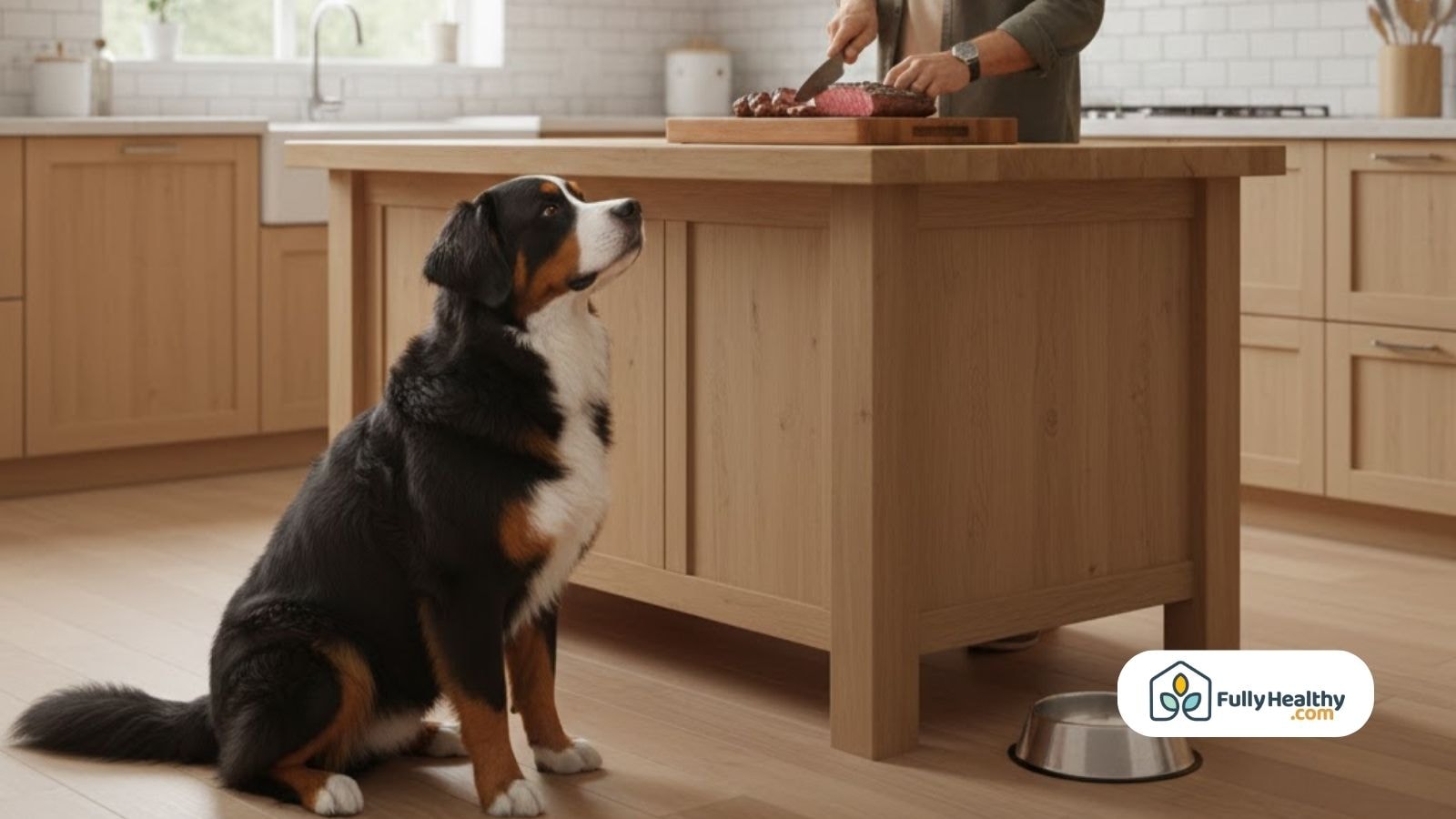 Dog sitting in a kitchen watching steak being sliced on a counter with a food bowl nearby.