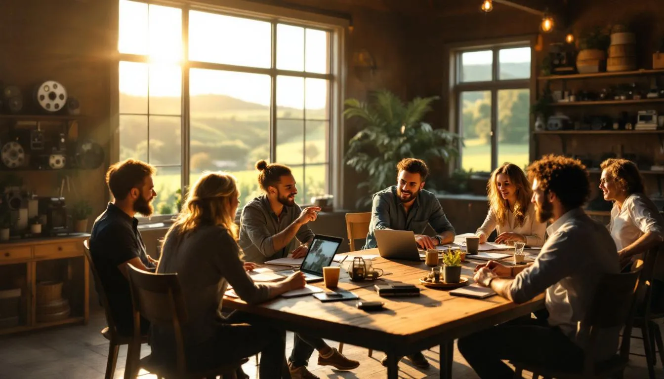 A diverse team of wedding videographers in a creative meeting.