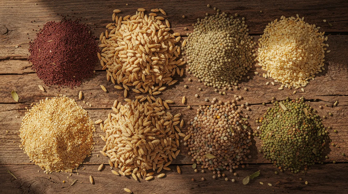 The image showcases a variety of Indian grains, including wheat, ragi, jowar, and bajra, spread out on a rustic wooden surface, highlighting the diversity of raw materials used in flour milling and specialty flours. These ancient grains are essential for creating nutritious baked goods and catering to health-conscious consumers seeking gluten-free options.